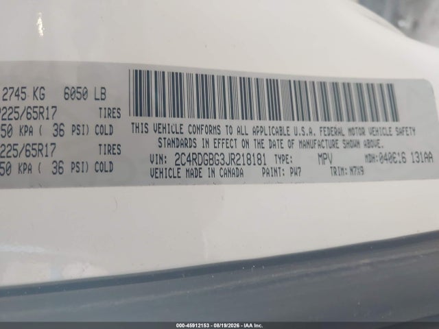 Auction sale of the 2018 Dodge Grand Caravan Se Plus, vin: 2C4RDGBG3JR218181, lot number: 45912153