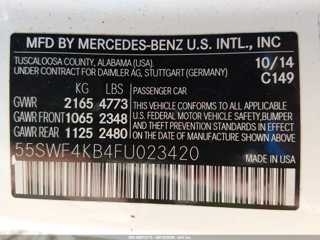Продажа на аукционе авто 2015 Mercedes-benz C 300 4matic, vin: 55SWF4KB4FU023420, номер лота: 45912173
