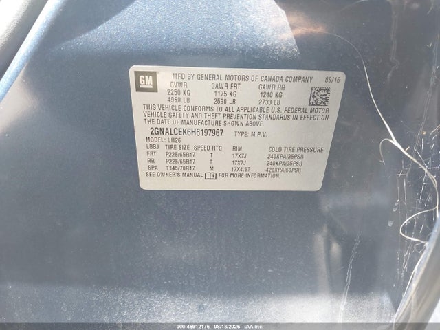 Aukcja sprzedaży 2017 Chevrolet Equinox Lt, vin: 2GNALCEK6H6197967, numer aukcji: 45912176