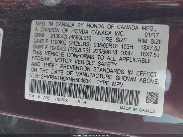2HKRW1H9XHH504634 Honda Cr-v Touring