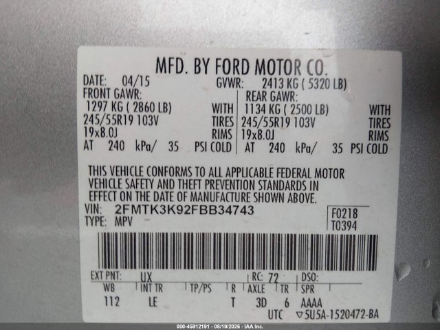 2015 Ford Edge Titanium მანქანა იყიდება აუქციონზე, vin: 2FMTK3K92FBB34743, აუქციონის ნომერი: 45912191