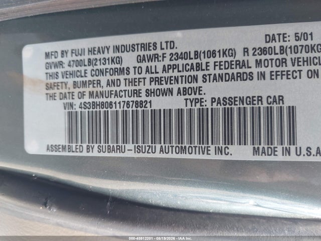 45912201 :رقم المزاد ، 4S3BH806117678821 vin ، 2001 Subaru Outback H6-3.0 مزاد بيع