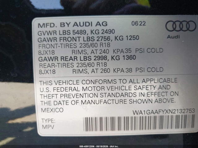 Продажа на аукционе авто 2022 Audi Q5 Premium 45 Tfsi S Line Quattro S Tronic, vin: WA1GAAFYXN2132753, номер лота: 45912206