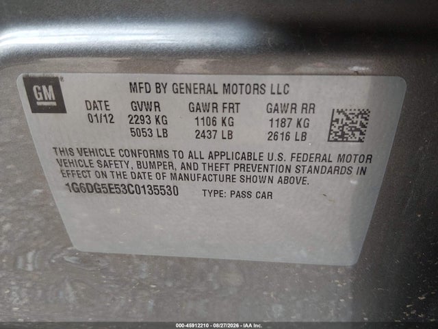 45912210 :رقم المزاد ، 1G6DG5E53C0135530 vin ، 2012 Cadillac Cts Luxury مزاد بيع