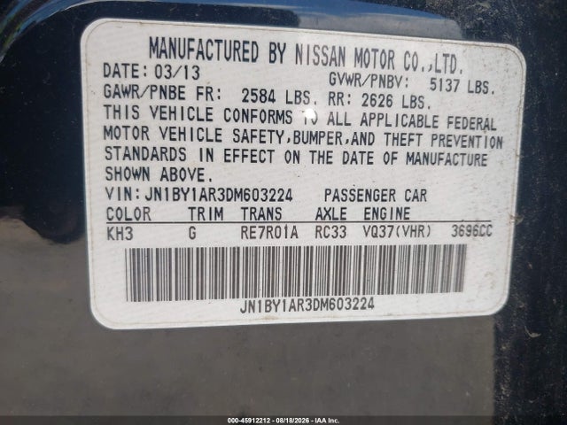 2013 Infiniti M37x მანქანა იყიდება აუქციონზე, vin: JN1BY1AR3DM603224, აუქციონის ნომერი: 45912212