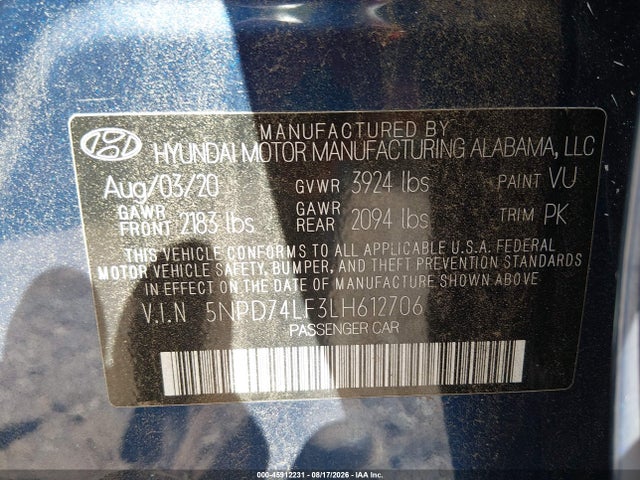 Продажа на аукционе авто 2020 Hyundai Elantra Se, vin: 5NPD74LF3LH612706, номер лота: 45912231