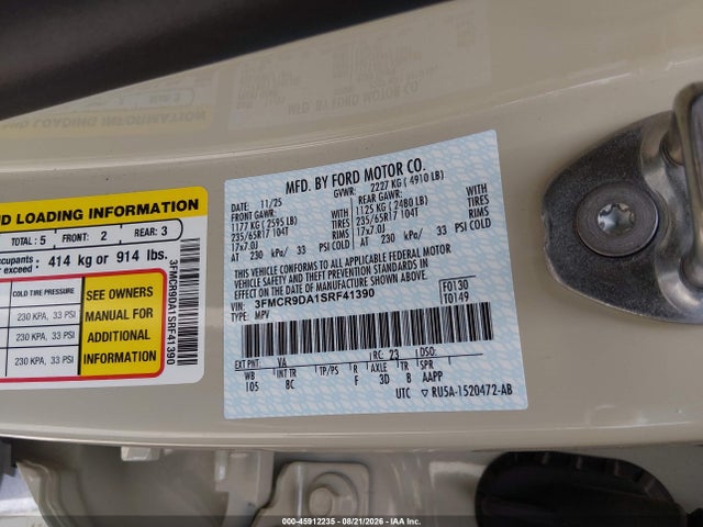 Продаж на аукціоні авто 2025 Ford Bronco Sport Badlands, vin: 3FMCR9DA1SRF41390, номер лоту: 45912235