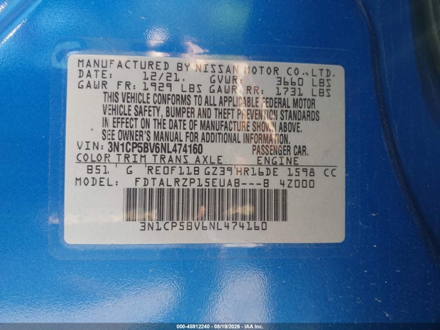 Aukcja sprzedaży 2022 Nissan Kicks S Xtronic Cvt, vin: 3N1CP5BV6NL474160, numer aukcji: 45912240