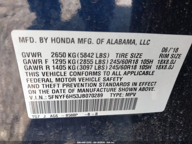 45912252 :رقم المزاد ، 5FNYF6H53JB070289 vin ، 2018 Honda Pilot Ex-l مزاد بيع