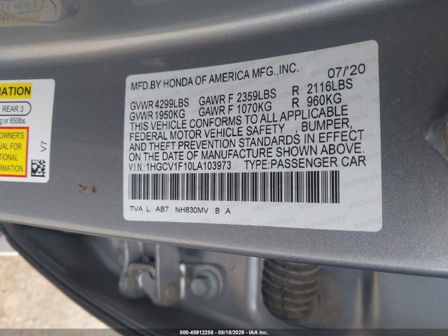 Aukcja sprzedaży 2020 Honda Accord Lx, vin: 1HGCV1F10LA103973, numer aukcji: 45912258