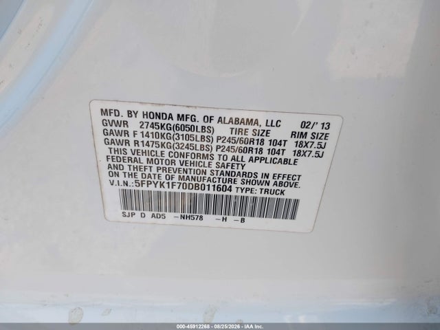 Продажа на аукционе авто 2013 Honda Ridgeline Sport, vin: 5FPYK1F70DB011604, номер лота: 45912268