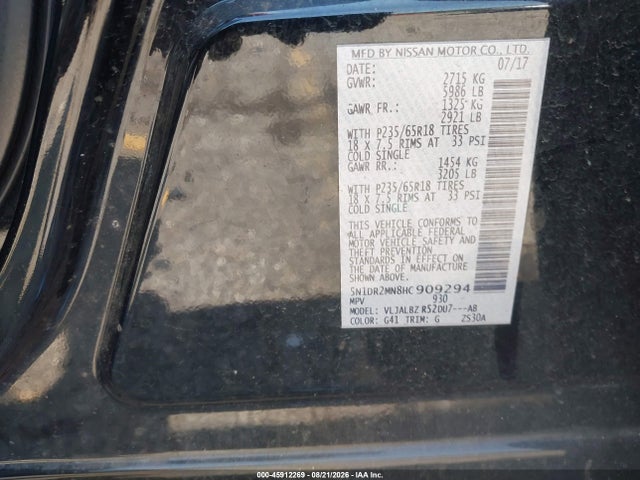 Продажа на аукционе авто 2017 Nissan Pathfinder S, vin: 5N1DR2MN8HC909294, номер лота: 45912269