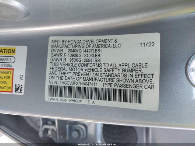Продаж на аукціоні авто 2022 Honda Accord Hybrid Sport, vin: 1HGCV3F27NA047411, номер лоту: 45912270