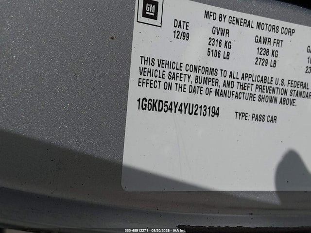 Продажа на аукционе авто 2000 Cadillac Deville Standard, vin: 1G6KD54Y4YU213194, номер лота: 45912271