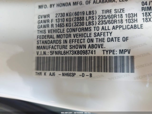 Aukcja sprzedaży 2019 Honda Odyssey Ex-l, vin: 5FNRL6H73KB098741, numer aukcji: 45912291