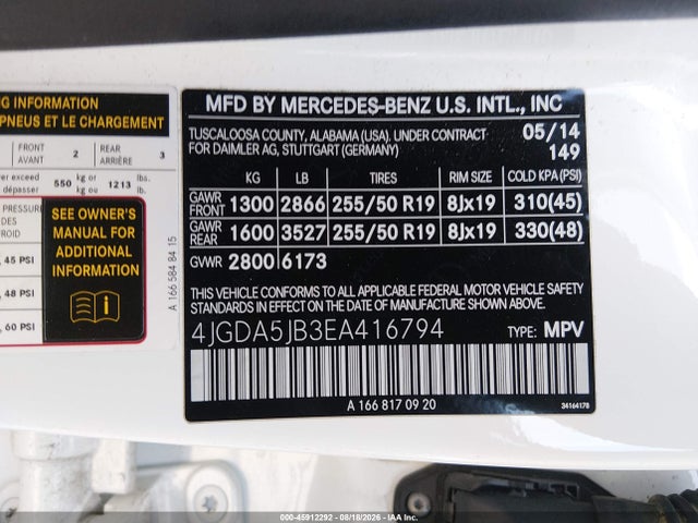 4JGDA5JB3EA416794 Mercedes-Benz ML 350