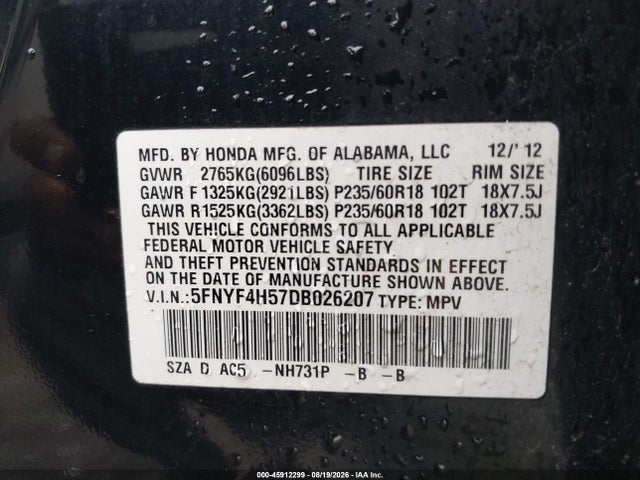 45912299 :رقم المزاد ، 5FNYF4H57DB026207 vin ، 2013 Honda Pilot Ex-l مزاد بيع