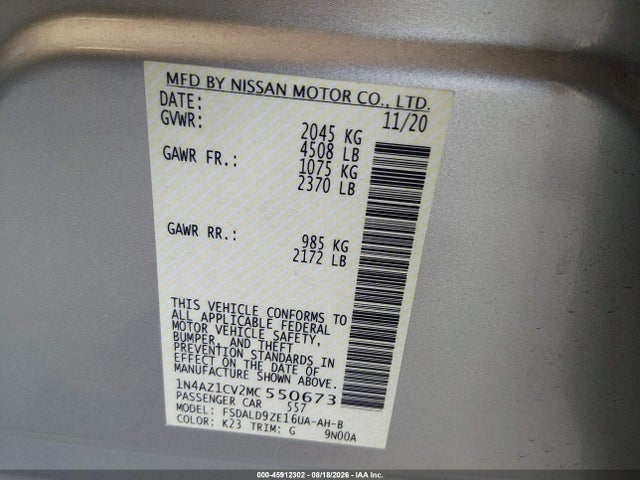Aukcja sprzedaży 2021 Nissan Leaf Sv 40 Kwh, vin: 1N4AZ1CV2MC550673, numer aukcji: 45912302