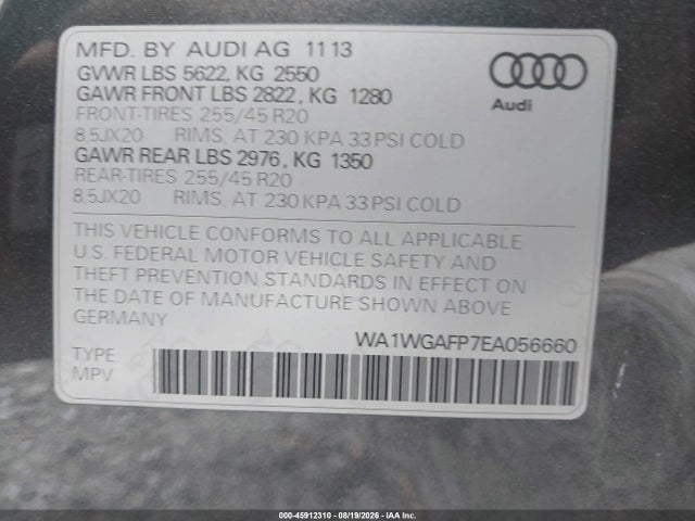 45912310 :رقم المزاد ، WA1WGAFP7EA056660 vin ، 2014 Audi Q5 3.0t Premium Plus مزاد بيع
