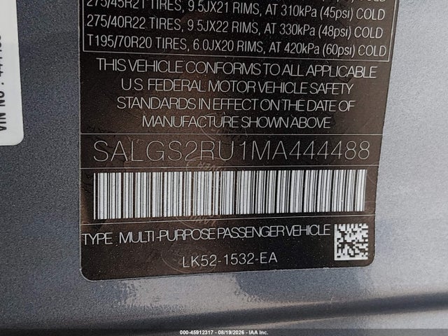 45912317 :رقم المزاد ، SALGS2RU1MA444488 vin ، 2021 Land Rover Range Rover Westminster مزاد بيع