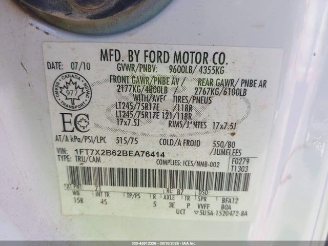 45912326 :رقم المزاد ، 1FT7X2B62BEA76414 vin ، 2011 Ford Super Duty F-250 Srw Xl مزاد بيع