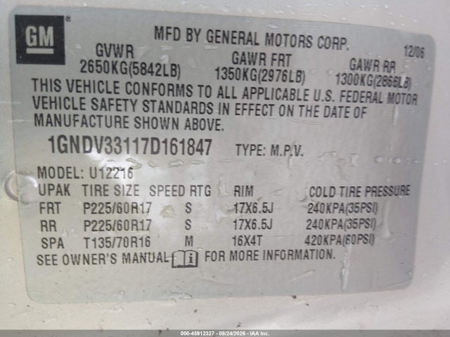 45912327 :رقم المزاد ، 1GNDV33117D161847 vin ، 2007 Chevrolet Uplander Lt W/2lt مزاد بيع