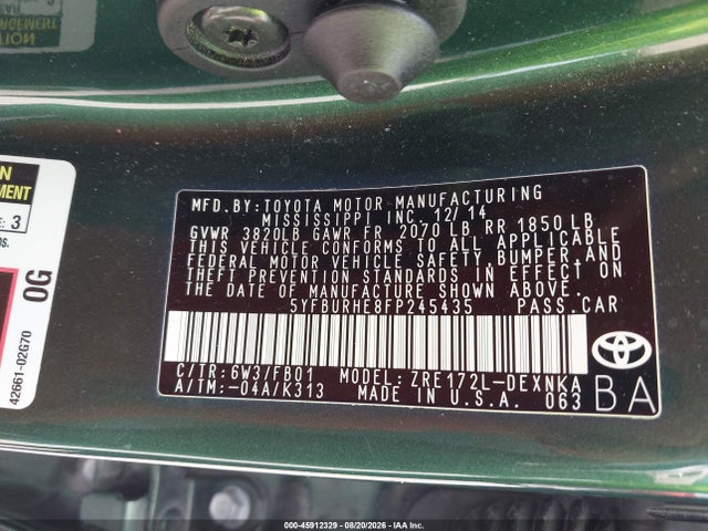 5YFBURHE8FP245435 Toyota COROLLA LE