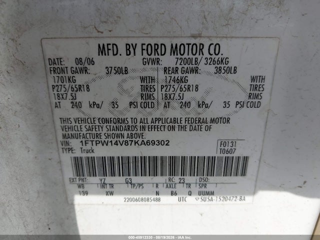 2007 Ford F-150 Fx4/lariat/xlt მანქანა იყიდება აუქციონზე, vin: 1FTPW14V87KA69302, აუქციონის ნომერი: 45912330