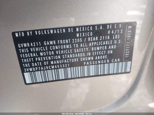 45912335 :رقم المزاد ، 3VWDP7AJ9CM453321 vin ، 2012 Volkswagen Jetta 2.5l Se مزاد بيع