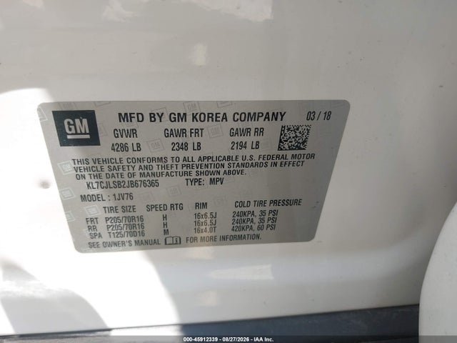 45912339 :رقم المزاد ، KL7CJLSB2JB676365 vin ، 2018 Chevrolet Trax Lt مزاد بيع