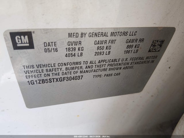 Aukcja sprzedaży 2016 Chevrolet Malibu Ls, vin: 1G1ZB5STXGF304037, numer aukcji: 45912340