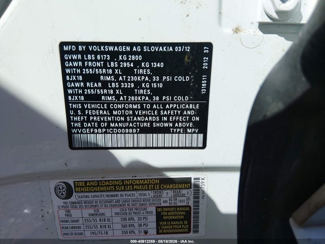 Aukcja sprzedaży 2012 Volkswagen Touareg Vr6 Sport, vin: WVGEF9BP1CD009897, numer aukcji: 45912359
