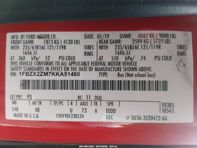 Aukcja sprzedaży 2019 Ford Transit-350 Xl, vin: 1FBZX2ZM7KKA51480, numer aukcji: 45912383