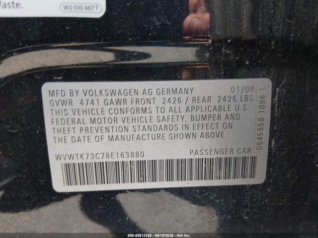 45912389 :رقم المزاد ، WVWTK73C78E163880 vin ، 2008 Volkswagen Passat Lux مزاد بيع