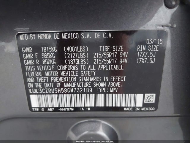 Продажа на аукционе авто 2016 Honda Hr-v Ex, vin: 3CZRU5H58GM732189, номер лота: 45912398