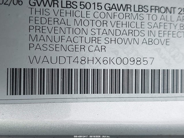 Продажа на аукционе авто 2006 Audi A4 3.0, vin: WAUDT48HX6K009857, номер лота: 45912417