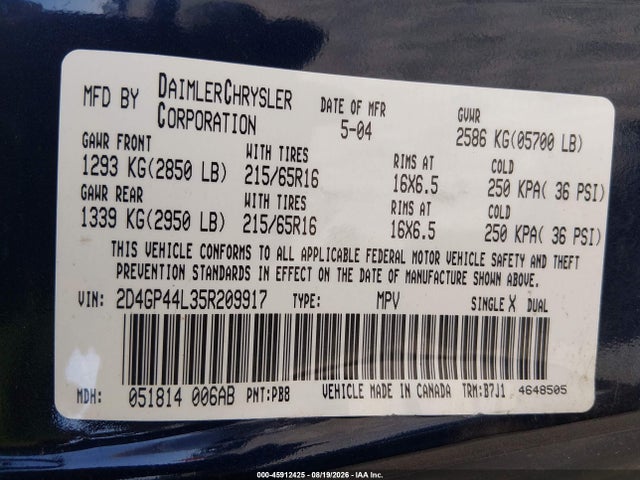 Продаж на аукціоні авто 2005 Dodge Grand Caravan Sxt, vin: 2D4GP44L35R209917, номер лоту: 45912425