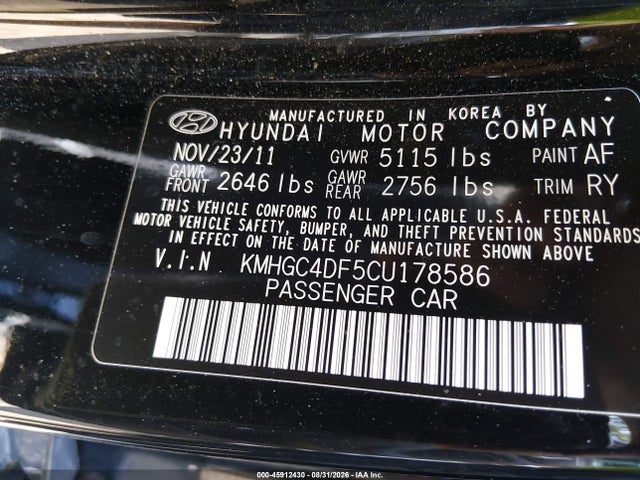 Продажа на аукционе авто 2012 Hyundai Genesis 4.6, vin: KMHGC4DF5CU178586, номер лота: 45912430