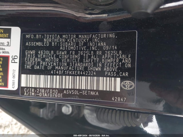 2014 Toyota Camry Le მანქანა იყიდება აუქციონზე, vin: 4T4BF1FKXER442324, აუქციონის ნომერი: 45912434