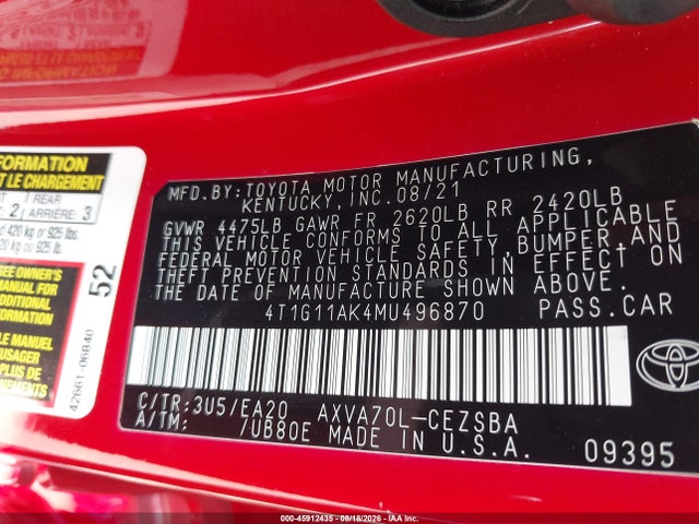 45912435 :رقم المزاد ، 4T1G11AK4MU496870 vin ، 2021 Toyota Camry Se مزاد بيع