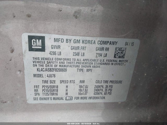2015 Buick Encore მანქანა იყიდება აუქციონზე, vin: KL4CJASB2FB200609, აუქციონის ნომერი: 45912436