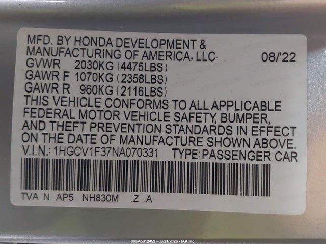 45912452 :رقم المزاد ، 1HGCV1F37NA070331 vin ، 2022 Honda Accord Sport مزاد بيع