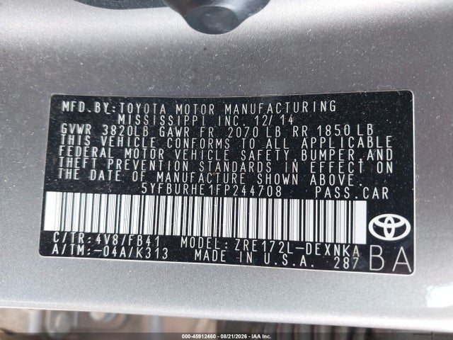 2015 Toyota Corolla Le Plus მანქანა იყიდება აუქციონზე, vin: 5YFBURHE1FP244708, აუქციონის ნომერი: 45912460
