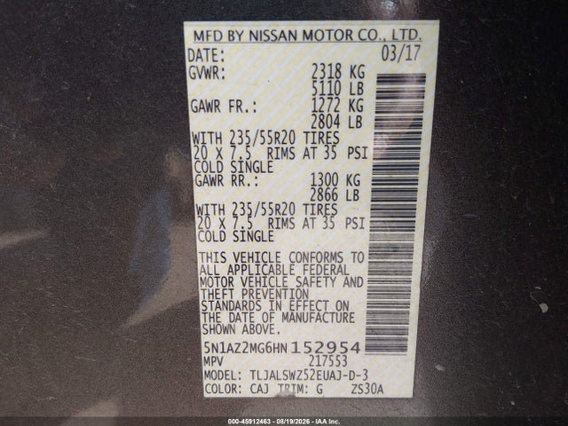 2017 Nissan Murano S/sl/sv/platinum მანქანა იყიდება აუქციონზე, vin: 5N1AZ2MG6HN152954, აუქციონის ნომერი: 45912463