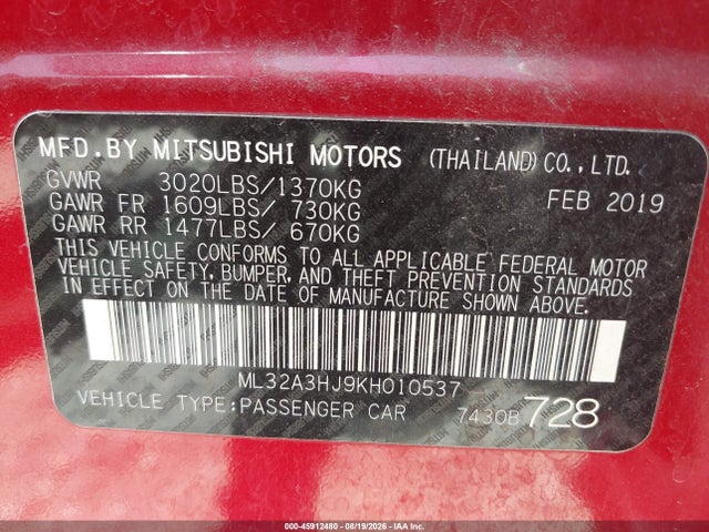 Aukcja sprzedaży 2019 Mitsubishi Mirage Rf, vin: ML32A3HJ9KH010537, numer aukcji: 45912480