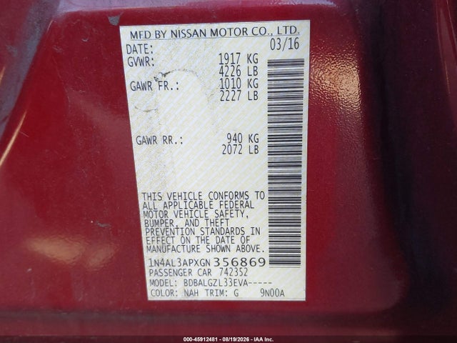 Nissan Altima 2.5 S 2016 1N4AL3APXGN356869 Image 9