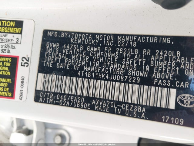 45912484 :رقم المزاد ، 4T1B11HK4JU087229 vin ، 2018 Toyota Camry Se مزاد بيع