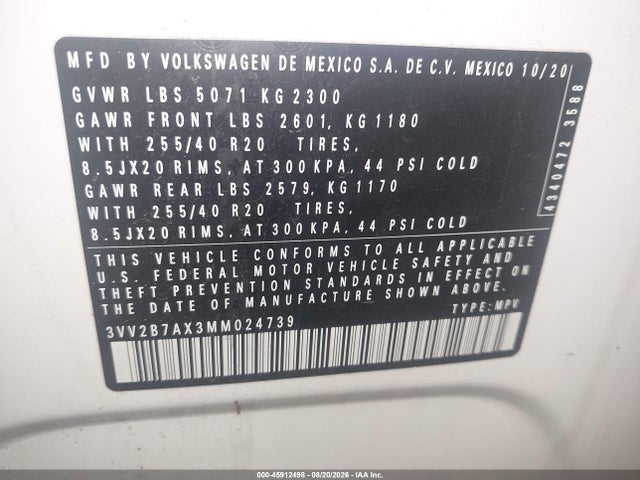Aukcja sprzedaży 2021 Volkswagen Tiguan 2.0t Se/2.0t Se R-line Black/2.0t Sel, vin: 3VV2B7AX3MM024739, numer aukcji: 45912498