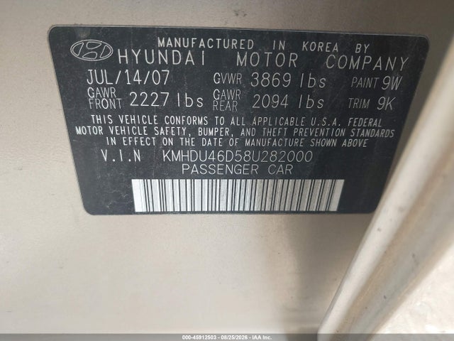 45912503 :رقم المزاد ، KMHDU46D58U282000 vin ، 2008 Hyundai Elantra Gls/se مزاد بيع