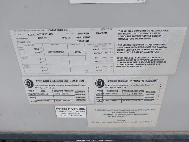 Продажа на аукционе авто 2017 Forest River Other, vin: 5ZT2CXHC2HF011449, номер лота: 45912513